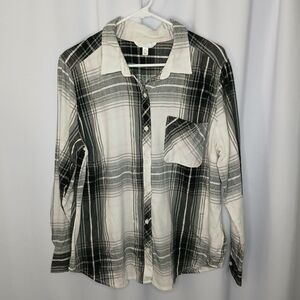 Time & Tru Cotton Flannel Shirt Button Down Plaid Long Sleeve Boyfriend Top XL